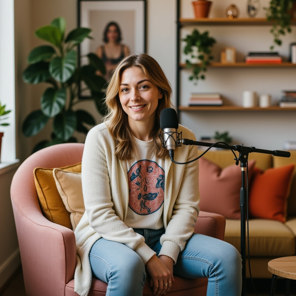 Podcast host smiling at mic